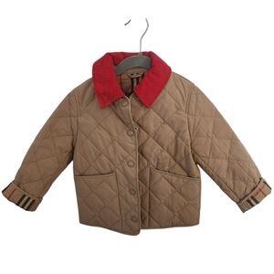 Burberry Boy Quilted Tan Jacket with Red Collar Size 5